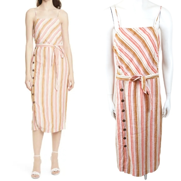 Joie Khari Linen Striped Midi Dress L Coral White Sleeveless Button Stripe - Picture 1 of 10